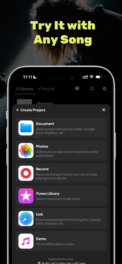 Audio Jam - AI for musicians - See the versatile content import options, allowing users to create projects from local files, iTunes Library, or by linking directly to songs online.