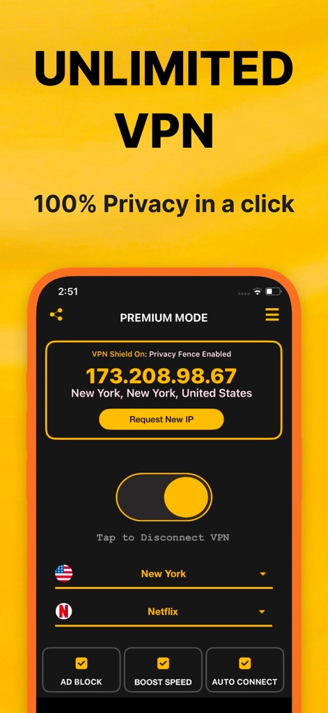 Best VPN : Unlimited VPN Proxy - 이 화면은 'PREMIUM MODE'에서 사용자의 현재 IP 주소를 보여주며, 'AD BLOCK' 및 'BOOST SPEED'와 같은 고급 기능을 제공합니다.