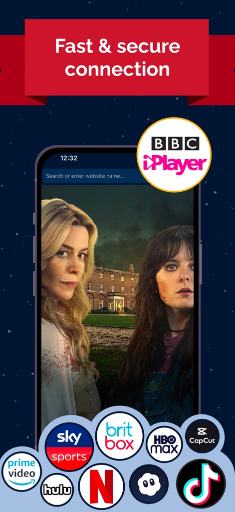 VPN UK - Free VPN and Browser - Der Screenshot illustriert die schnelle und sichere Verbindung der App, die es Nutzern ermöglicht, BBC iPlayer Inhalte zu streamen und eine Vielzahl von Streaming-Diensten und Apps wie Prime Video und TikTok zu nutzen.