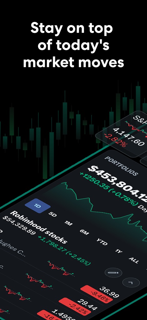 Yahoo Finance: Stocks & News - Die App zeigt die aktuelle Performance des Portfolios mit einem Gesamtwert und detaillierten täglichen Änderungen für individuelle Positionen wie "Robinhood stocks".