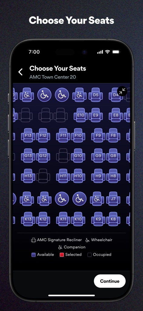 AMC Theatres: Movies & More - Esta herramienta facilita la reserva de asientos con un mapa interactivo que muestra la disponibilidad y permite elegir entre reclinables AMC Signature o espacios para sillas de ruedas.