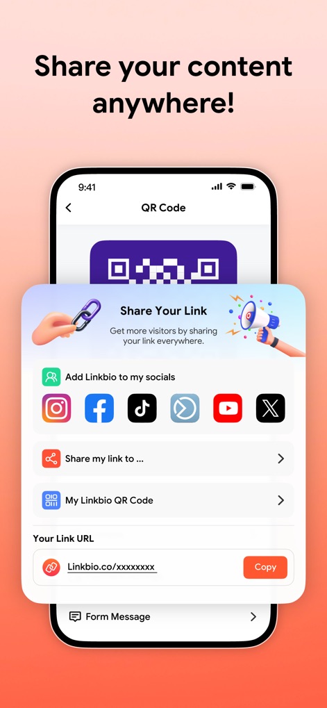 Linkbio - Link in Bio Builder - Die App vereinfacht die Verbreitung der Link-in-Bio-Seite durch die Generierung eines personalisierten QR-Codes und bietet direkte Optionen zum Teilen des Links auf gängigen Social-Media-Plattformen.