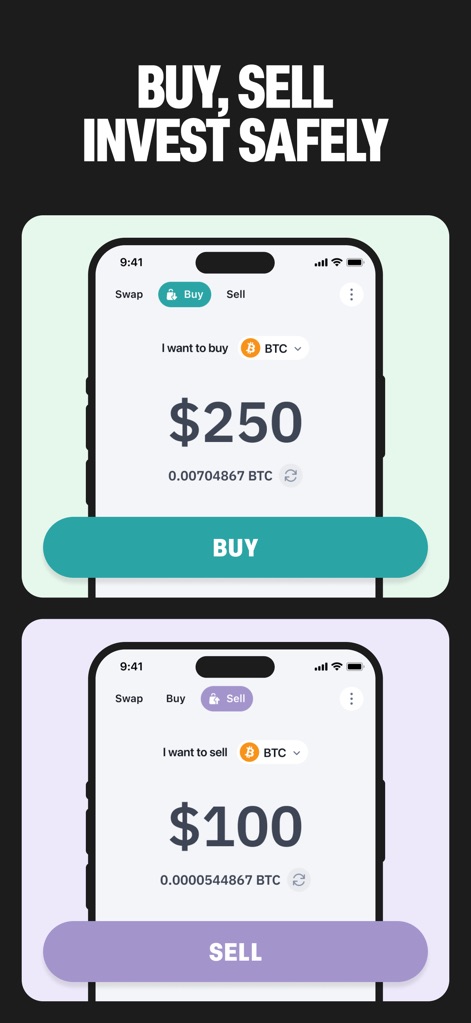 Bitcoin.com Wallet: Buy, sell - This tool simplifies crypto acquisition and liquidation, featuring distinct 'Buy' and 'Sell' tabs and intuitive input fields for specifying transaction amounts.