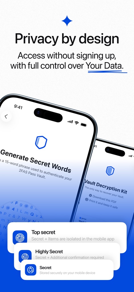 Password Manager (2FAS Pass) - Witness the app's commitment to 'Privacy by design', allowing users to generate 'Secret Words' and manage data without traditional sign-ups.