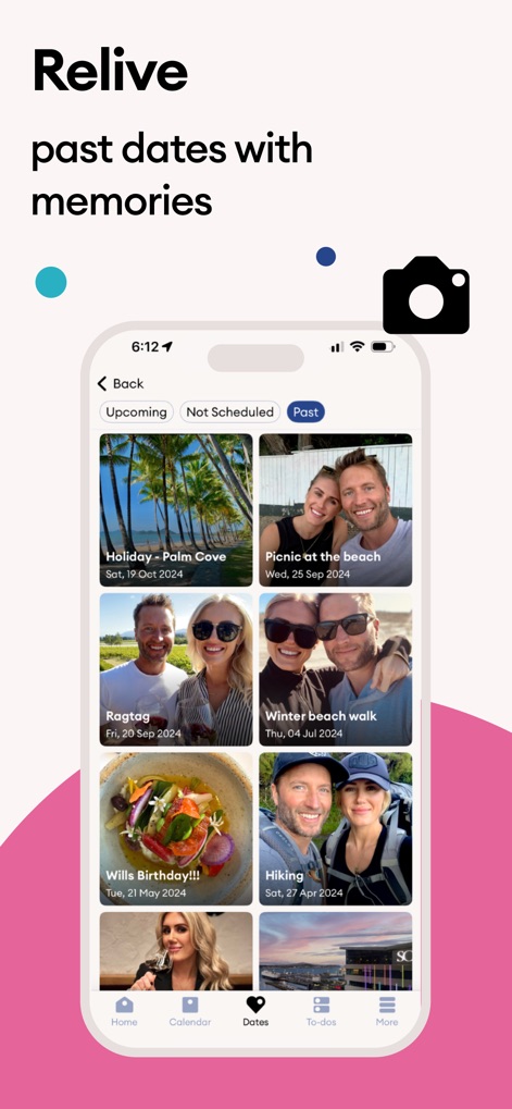 Cupla: Shared Couples Calendar - Relive cherished moments using the 'Memories' section, which presents a visual gallery of past dates with accompanying photos and detailed event descriptions.