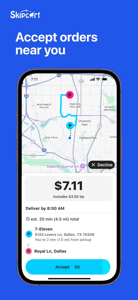 Skipcart Delivery Driver - Users can efficiently accept nearby delivery requests, viewing a clear interactive map and a detailed breakdown of potential earnings.