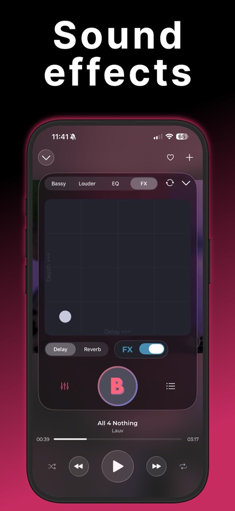 Bass Booster & Music EQ: BASSY - This view highlights the app's dynamic sound effects, featuring an interactive XY pad for precise control and dedicated toggles for Delay and Reverb.