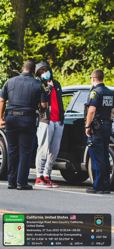 GPS Map Camera : Geo Photos - Observe the app's utility in professional documentation, capturing a law enforcement context with detailed location and time metadata embedded.