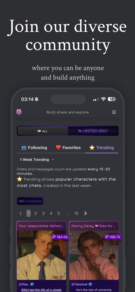 Janitor AI - Official App - La aplicación fomenta una comunidad diversa, destacando los personajes en tendencia a través de tarjetas de personaje visualmente atractivas y un contador de interacciones que mide su popularidad.