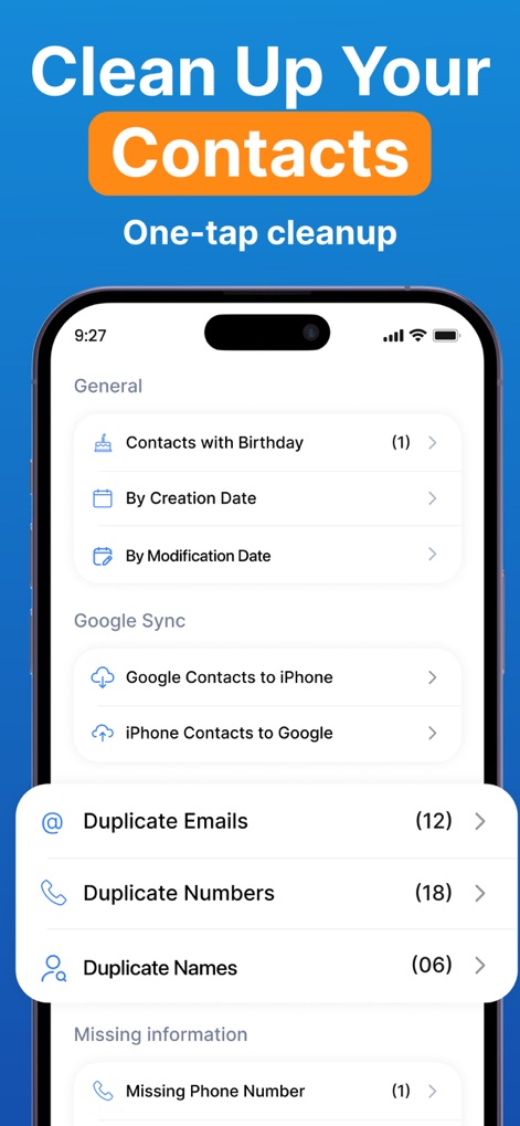 True CallerID: Spam Blocker - Esta sección facilita la gestión de contactos, destacando la limpieza de "Duplicate Numbers" y "Duplicate Names", y permitiendo organizar por "Creation Date" o "Missing information".