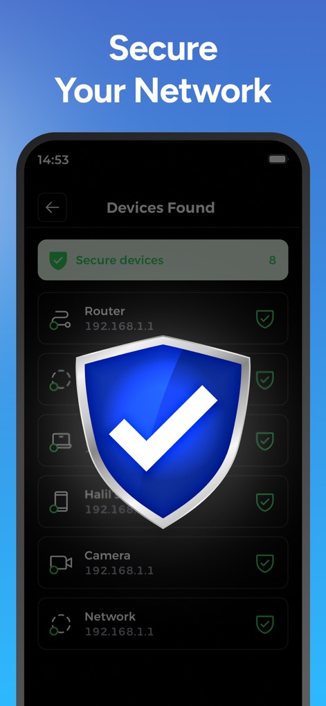 Hidden Camera Detector - Peek - 이 화면은 '보안 기기' 8개를 명확히 보여주며, 목록 중앙에 배치된 '파란색 방패 아이콘'으로 네트워크의 전반적인 보안 상태를 시각적으로 나타냅니다.
