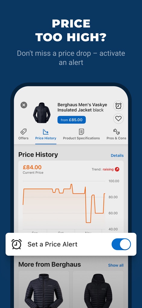 idealo - Price Comparison - Consumers can monitor price changes over time with the "Price History" graph and activate "Price Alerts" to be notified when their desired price is met.