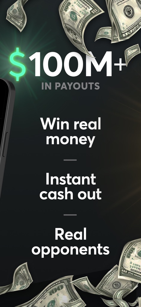 Triumph: Play for Cash - Discover the impressive "$100M+ in Payouts" statistic and the promise of "Instant cash out" that motivates players.