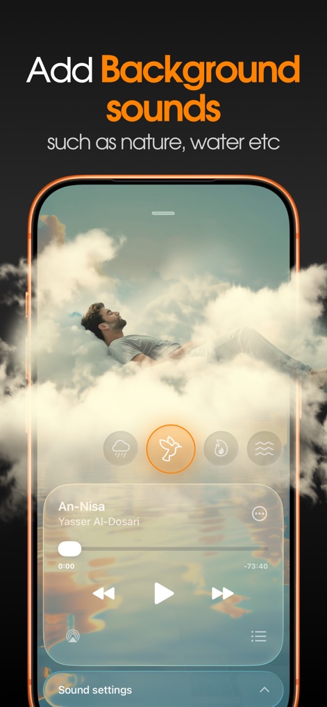 Quranify: Quran Audio Player - Users can enhance their listening experience with the prominent "audio playback controls" and customize their environment by adding "calming background sound options" like nature or water.