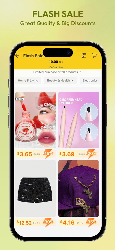 SHEIN - Shopping Online - Engage with dynamic 'FLASH SALE' events, prominently featuring a countdown timer and 'Limited purchase' indicators for exclusive deals.