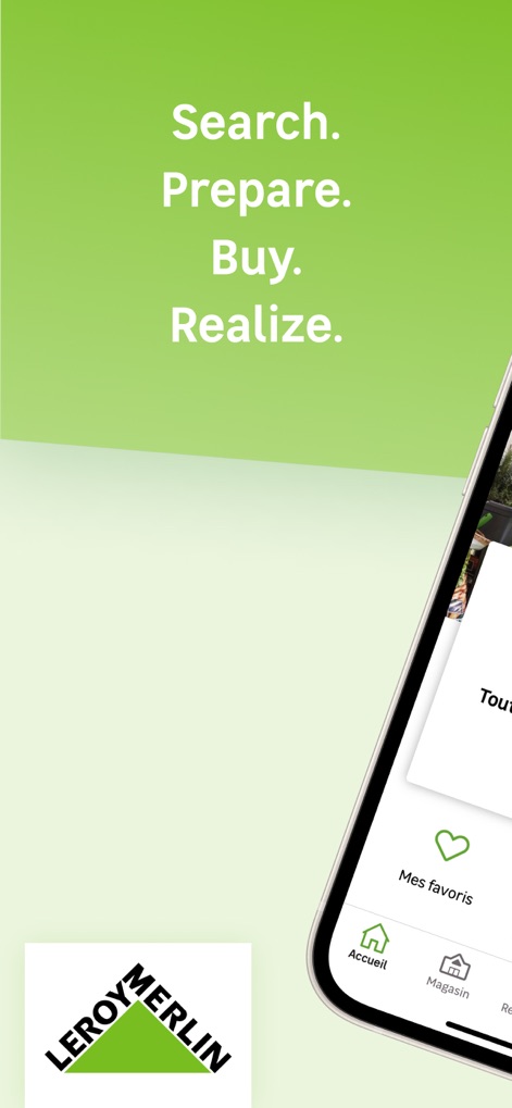 LEROY MERLIN - Die App führt Nutzer mit motivierenden Schlagworten an die Hand und bietet eine klare Navigationsleiste zur einfachen Orientierung im Startbildschirm.