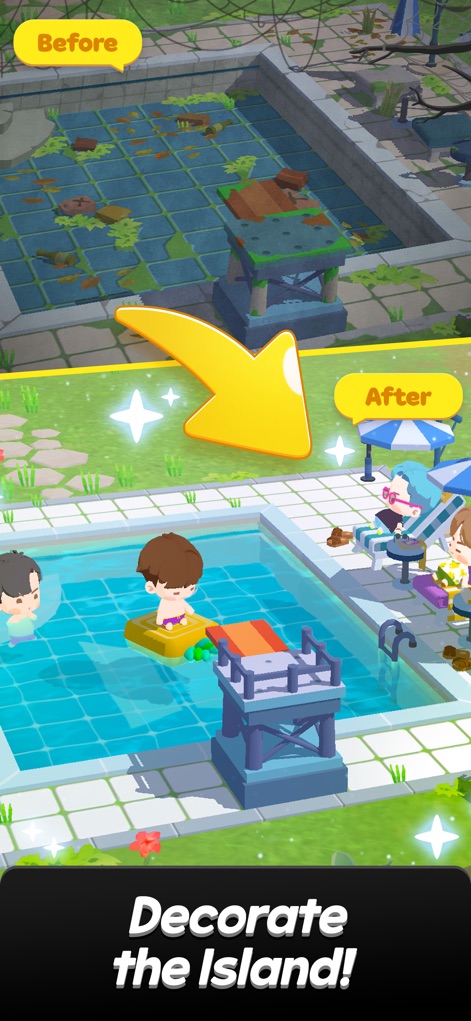 BTS Island: In the SEOM Puzzle - Witness the remarkable 'Before and After' transformation as users personalize the island environment, turning a neglected area into a lively 'poolside oasis' for the BTS characters.