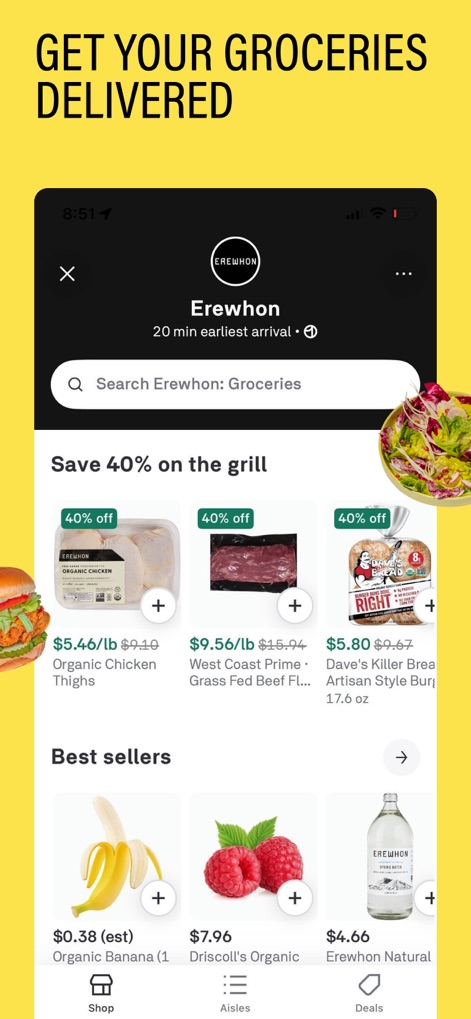 Postmates - Food Delivery - Users can conveniently shop for household items with detailed grocery item listings like 'Organic Chicken Thighs,' clearly displaying pricing and prominent discount labels for savings.