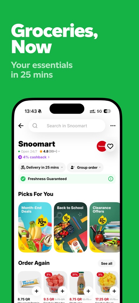 Snoonu: Food Delivery Service - Los usuarios pueden acceder a SnoonuMart para sus necesidades de supermercado, prometiendo una entrega rápida en 25 minutos y ofreciendo promociones destacadas, como las ofertas de fin de mes o las de regreso a clases.