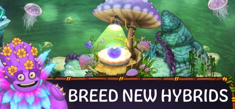 My Singing Monsters - 水中の繁殖施設で新しいハイブリッドモンスターが誕生する瞬間が捉えられており、独特の水中環境と幻想的な光の演出が目を引きます。