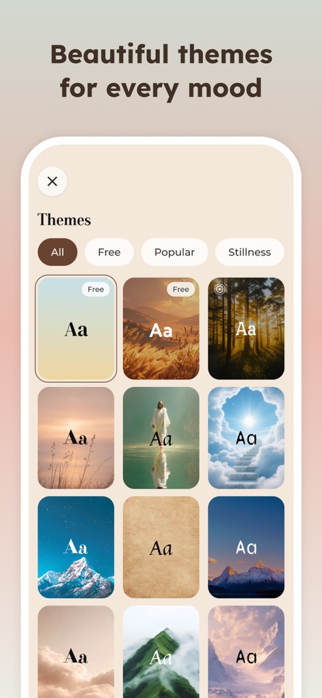 BibleCare:Verses,Prayers&Chat - The app offers a wide array of beautiful visual themes, allowing users to customize their spiritual space with diverse background images.