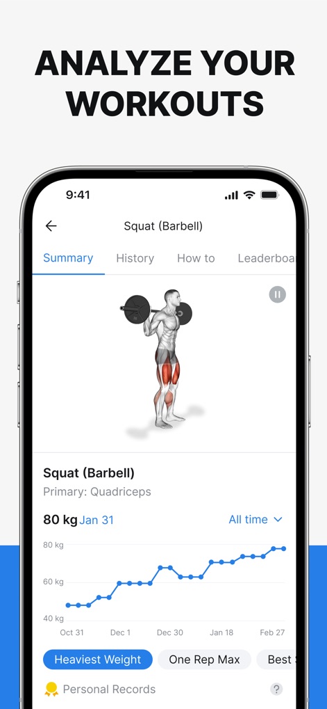 Hevy - Workout Tracker Gym Log - Explore detailed exercise analysis screens, including a 3D animated model demonstrating the Squat and a comprehensive graph charting weight progression.