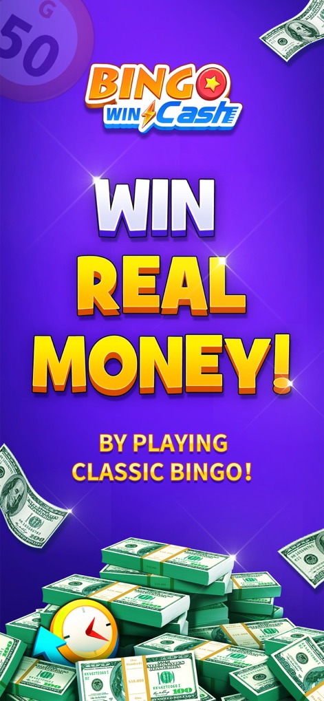 Bingo Cash: Win Real Money - L'application met en avant la promesse de gains concrets avec le texte impactant 'WIN REAL MONEY' et les liasses de billets verts symbolisant la récompense financière.
