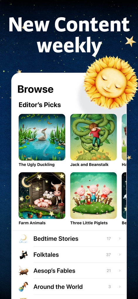 Readmio: Read Aloud Books - Discover the app's continuously updated "New Content weekly" section and browse curated "Editor's Picks" for easy discovery.