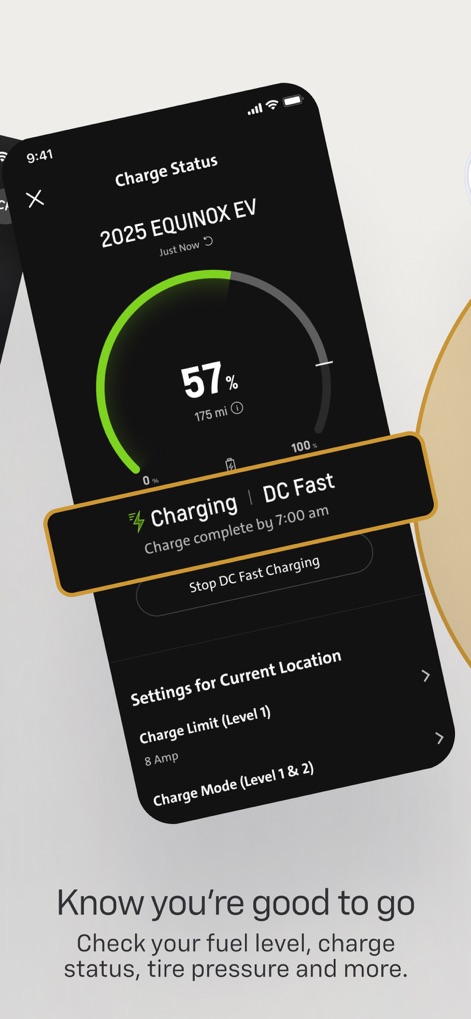 myChevrolet - This screen clearly displays the current charge percentage and estimated range for an EV, along with the active charging method like "DC Fast".