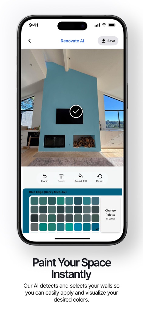 Renovate AI - Home Design - Les utilisateurs peuvent appliquer instantanément de nouvelles teintes, comme le "Blue Edge", sur les murs, visualisant le rendu grâce à une "palette de couleurs" exhaustive.