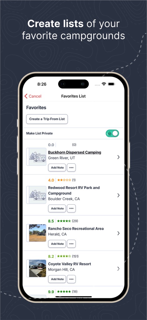 RV LIFE - RV GPS & Campgrounds - Gli utenti possono creare e gestire una "Favorites List" di campeggi preferiti, visualizzando valutazioni e posizioni, e hanno la possibilità di "Create a Trip From List" per una pianificazione di viaggio semplificata.