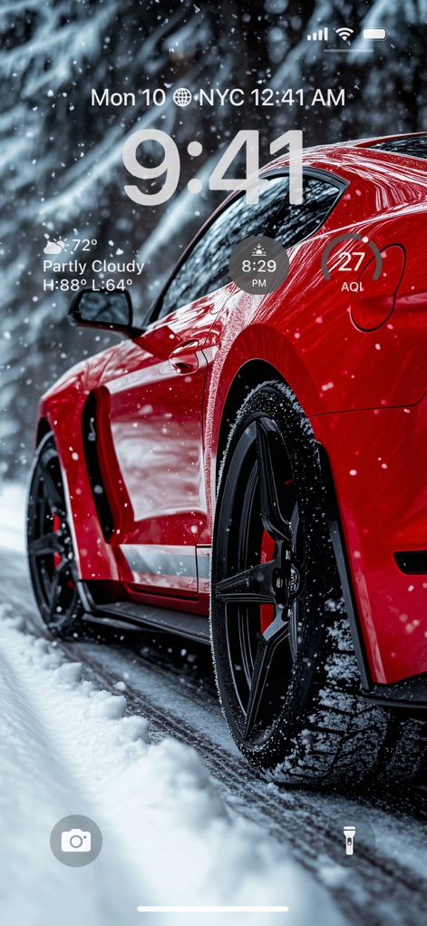 Cone AI Wallpapers 4K & 6К HD - Discover breathtaking wallpapers like this red sports car in a snowy landscape, seamlessly blending the detailed vehicle design with dynamic weather information widgets.