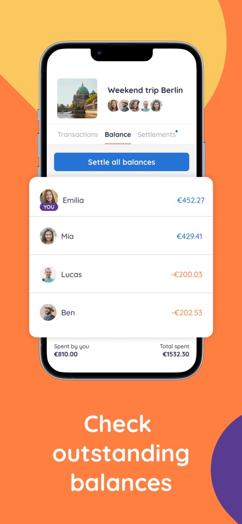 Splitser - WieBetaaltWat - This screen clearly presents individual member balances and a comprehensive overview of total group spending, alongside a 'Settle all balances' option.