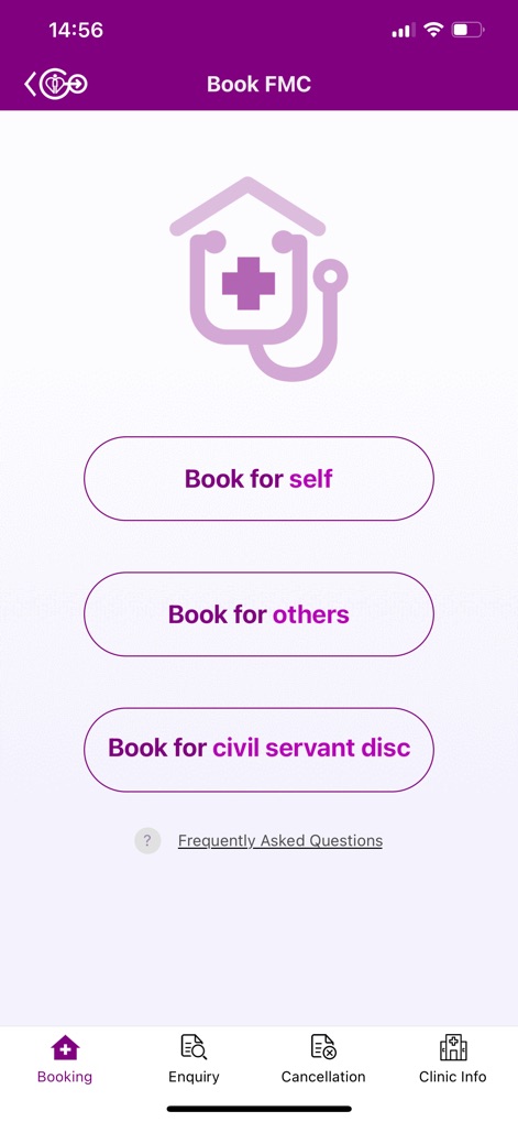 HA Go - L'app offre flessibilità per le prenotazioni, consentendo agli utenti di "Book for self" o "Book for others", e fornisce strumenti completi per "Enquiry" e "Cancellation" tramite la barra di navigazione.