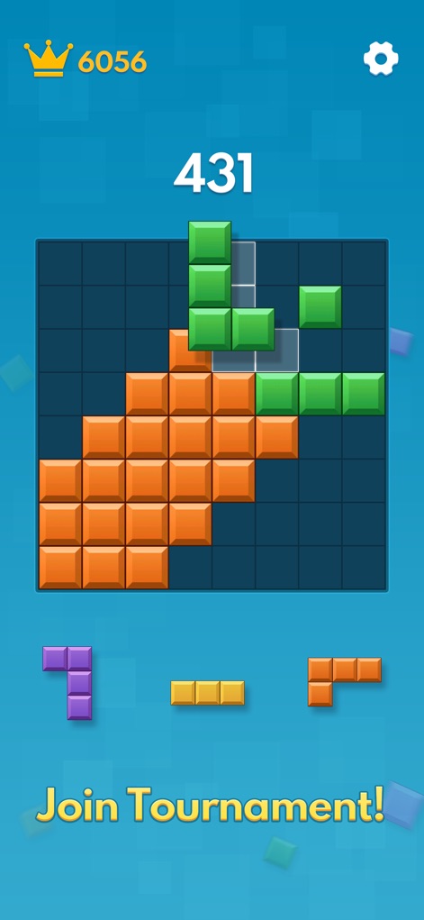 Block Blast - Top Block Puzzle - Users can observe the strategic placement of colorful blocks on the grid and discover the invitation to competitive play via the "Join Tournament!" prompt.