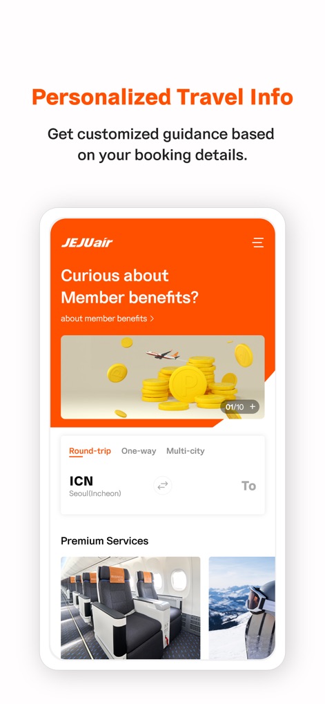 Jeju air - Users can explore tailored travel information, including member benefit inquiries and a visual showcase of premium services like enhanced seating.