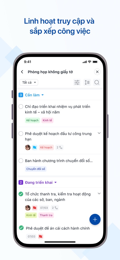 HanoiWork - Observe the app's robust task management system, offering categorized task lists with status filters and detailed task entries with customizable tags for better organization.