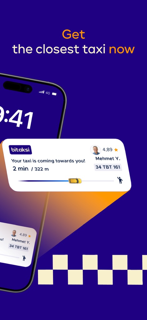 bitaksi - your closest taxi! - Users receive immediate notifications indicating the driver's approach, displaying the 'driver's name and rating' along with an 'estimated arrival time' and distance, ensuring transparency and peace of mind.