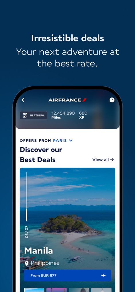 Air France - Book a flight - Users can discover compelling travel deals with clear pricing and engaging destination images, such as the offer for Manila.