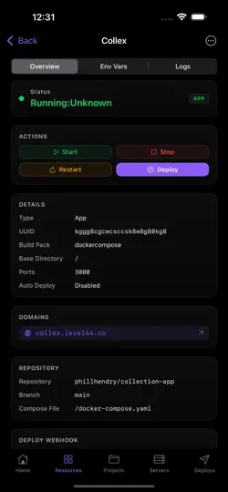 Screenshot von Gantry - Coolify Manager auf dem iPhone 4