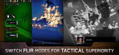 Zombie Gunship Survival: AC130 - The app features advanced tactical capabilities, including a distinctive thermal/FLIR vision mode for detecting threats and a strategic overhead map view for comprehensive battlefield awareness.