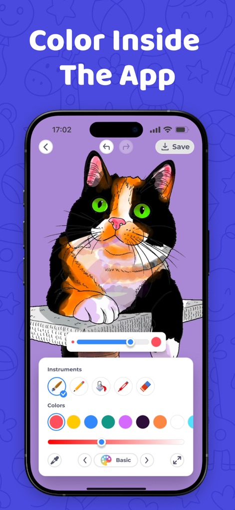 Sketchfy: Coloring Book Maker - Der Screenshot stellt die digitale Kolorierungsfunktion vor, bei der Nutzer ein detailliertes Katzenbild direkt in der App mit einer vielfältigen Auswahl an Farben und Instrumenten ausmalen können.