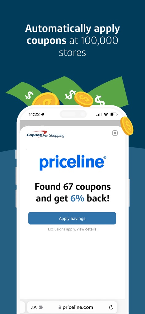 Capital One Shopping: Save Now - The app demonstrates its automatic coupon application feature, as seen with a "Priceline" checkout overlay presenting "Found 67 coupons" and an "Apply Savings" button for instant discounts.