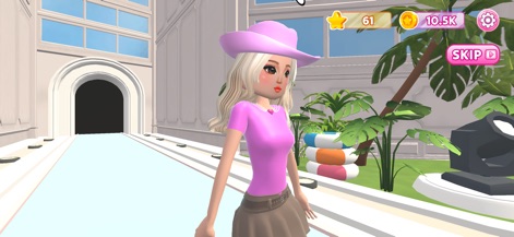 Dress Up Fashion Star - Experience the app's character detail, featuring a model in a vibrant pink hat on an outdoor runway, surrounded by tropical foliage and modern stage lighting.