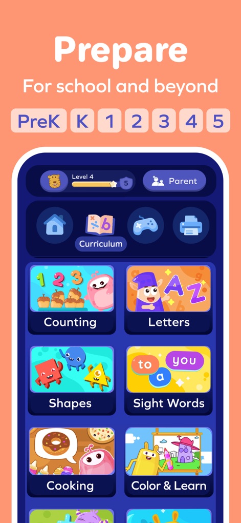 SplashLearn: Kids Learning App - La aplicación ofrece una preparación escolar integral, mostrando los niveles educativos desde PreK hasta el Grado 5 y diversas categorías de aprendizaje como Conteo y Formas, accesibles desde un panel intuitivo.