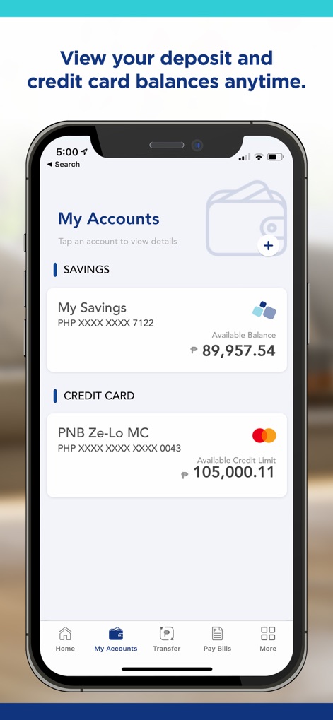 PNB Digital - Los usuarios pueden ver claramente sus balances, mostrando tanto una cuenta de ahorros como la información de una tarjeta de crédito, con montos específicos en pesos filipinos.