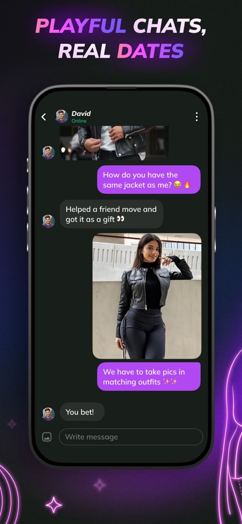 Flirtini - Match, Chat, Flirt - Users engage in playful chats, where they can exchange messages and share engaging content such as images directly within the chat interface.