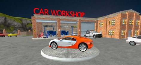 Open Drive 3D: Gangster Games - Visit the dedicated Car Workshop to modify and maintain your fleet, where a stunning orange and white sports car is prominently displayed for upgrades.