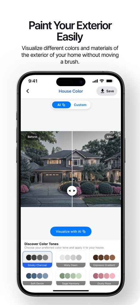 Renovate AI - Home Design - L'application permet de visualiser différentes "couleurs et matériaux" pour la façade, offrant un aperçu "Avant/Après" des modifications extérieures potentielles.