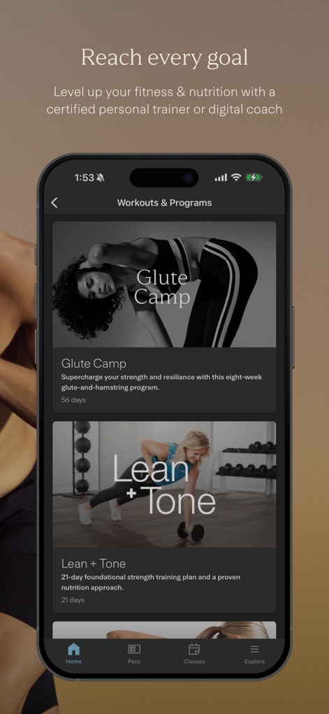 Life Time Digital - The app offers a variety of structured workout programs, such as 'Glute Camp' and 'Lean + Tone', detailing their duration and focus for user convenience.